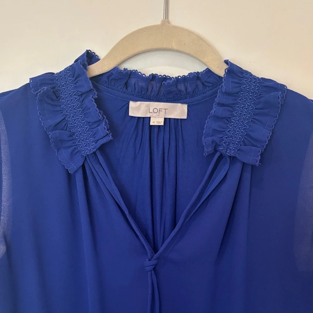 LOFT Deep Blue Ruffle Neck Blouse - Picture 2 of 4